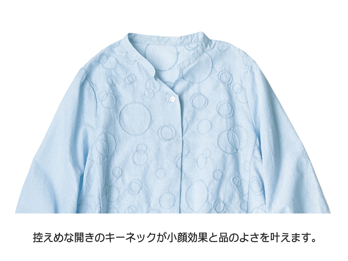 総刺しゅうキーネックコットンブラウス M L LL キーネックブラウス 綿ジョーゼット | シャツBLナガソデ