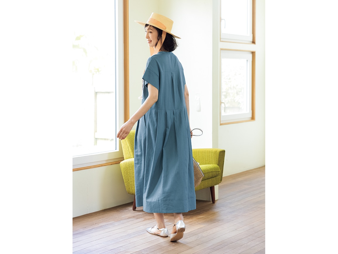 麻混ピンタックゆったりワンピース 麻混ピンタックゆったりワンピース
