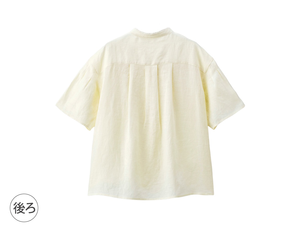 【先行】モチーフレースつきリネン半袖ブラウス 【先行】モチーフレースつきリネン半袖ブラウス