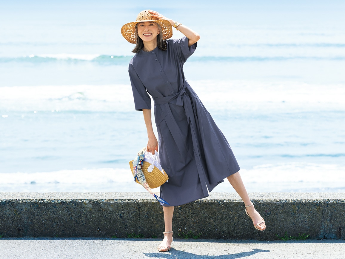 タックデザインベルトつきシャツワンピース タックデザインベルトつきシャツワンピース