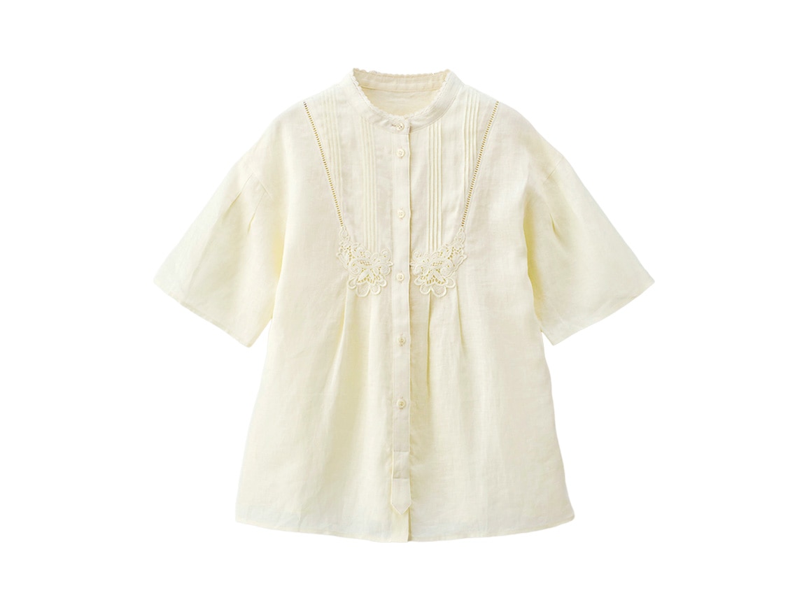 【先行】モチーフレースつきリネン半袖ブラウス 【先行】モチーフレースつきリネン半袖ブラウス