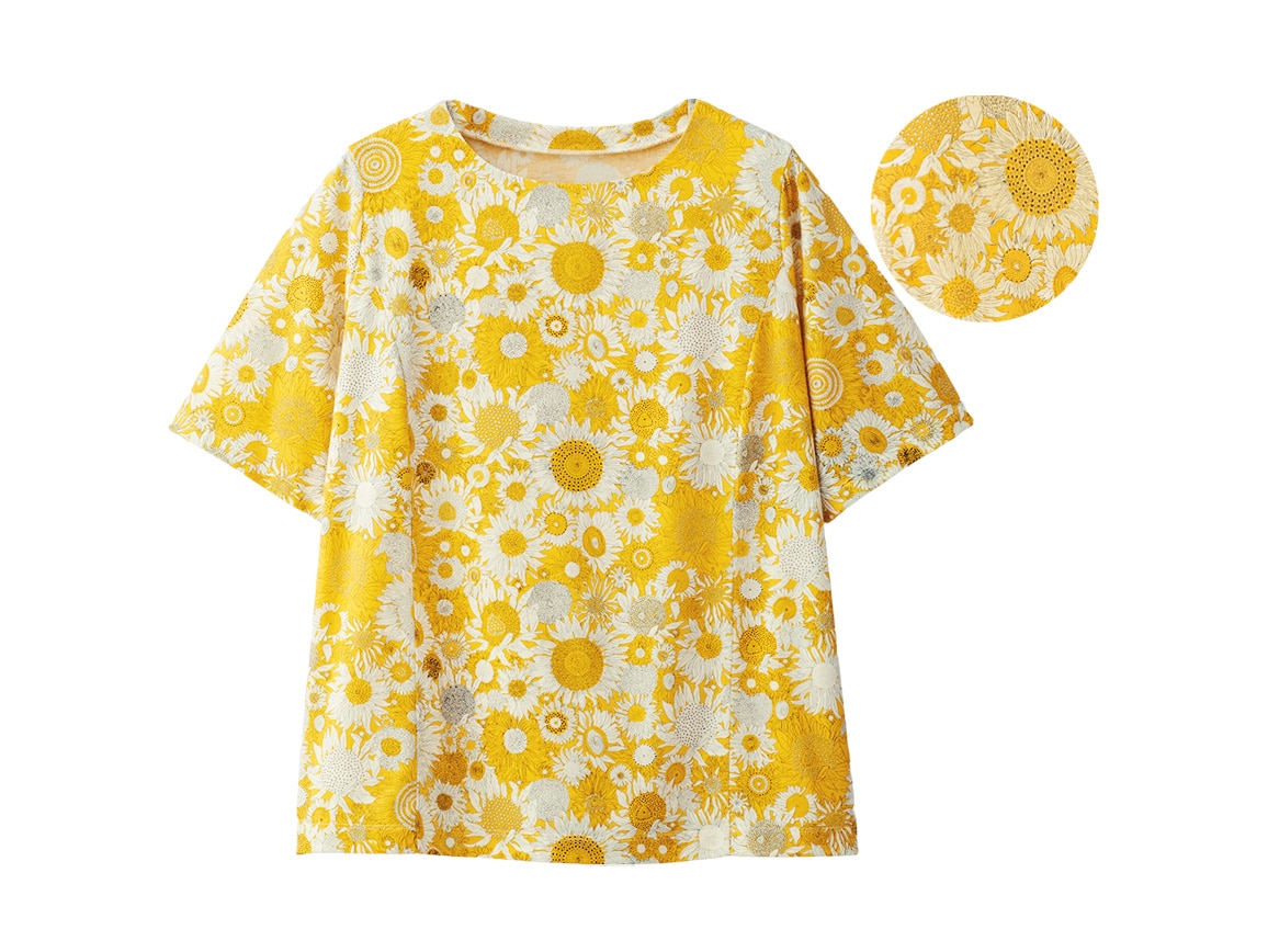 リバティプリントパネル切り替えTシャツ(02_M 12_イエロー系