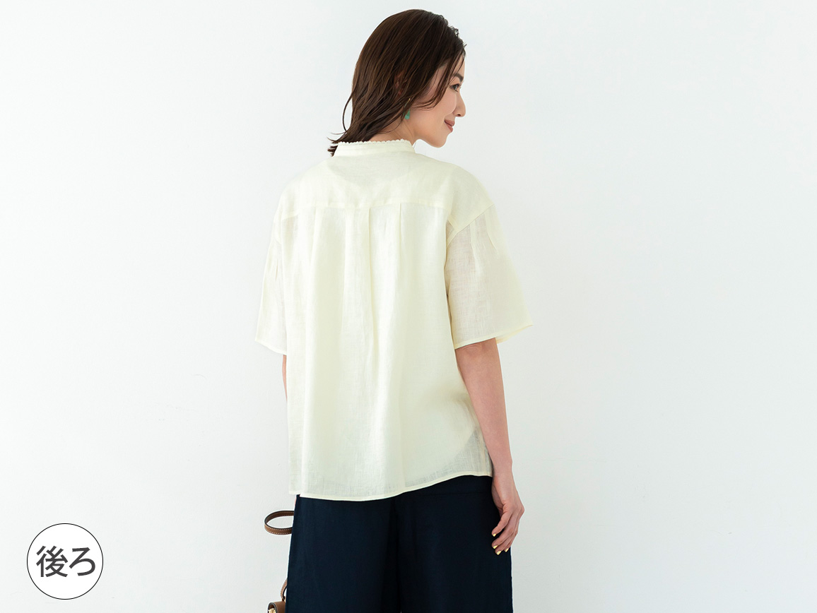 【先行】モチーフレースつきリネン半袖ブラウス 【先行】モチーフレースつきリネン半袖ブラウス