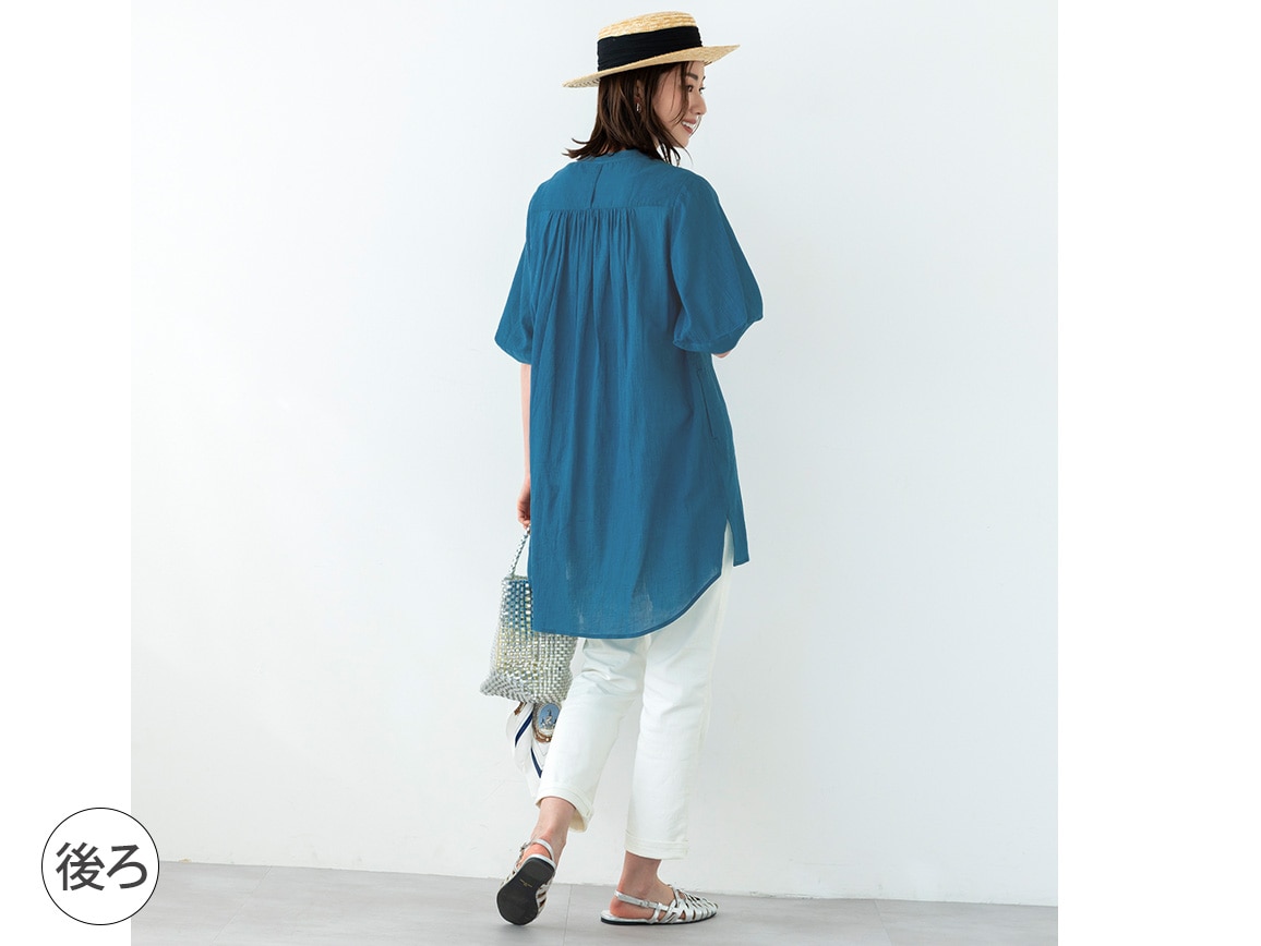 【先行】袖デザイン楊柳ロングブラウス 【先行】袖デザイン楊柳ロングブラウス