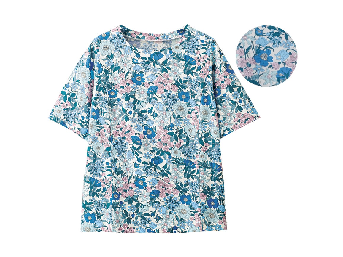 リバティプリントパネル切り替えTシャツ(02_M 12_イエロー系