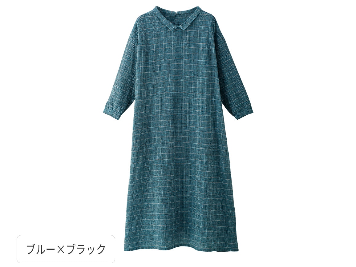 チェック柄綿麻ワンピース チェック柄綿麻ワンピース