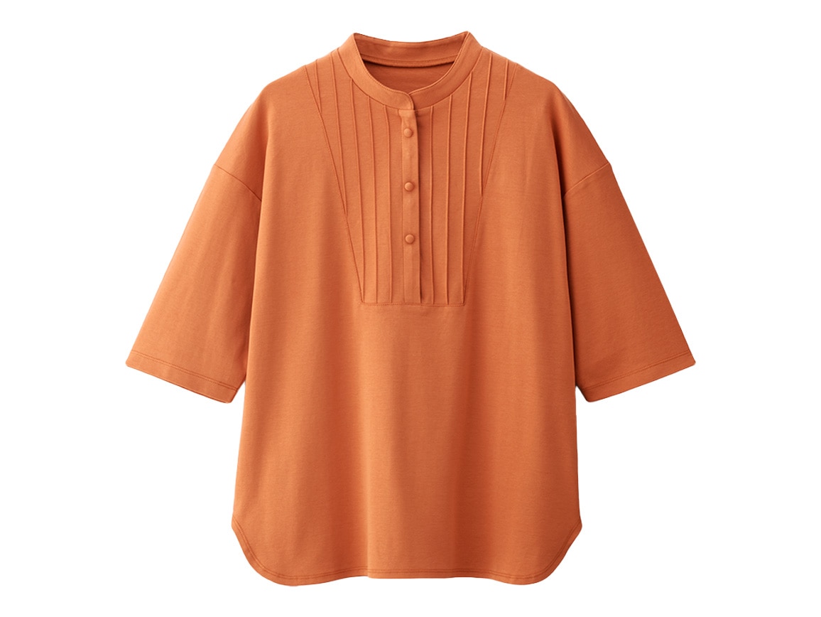 ピンタックバンドカラーシャツ風プルオーバー(六分袖)【広告商品】 ピンタックバンドカラーシャツ風プルオーバー(六分袖)【広告商品】