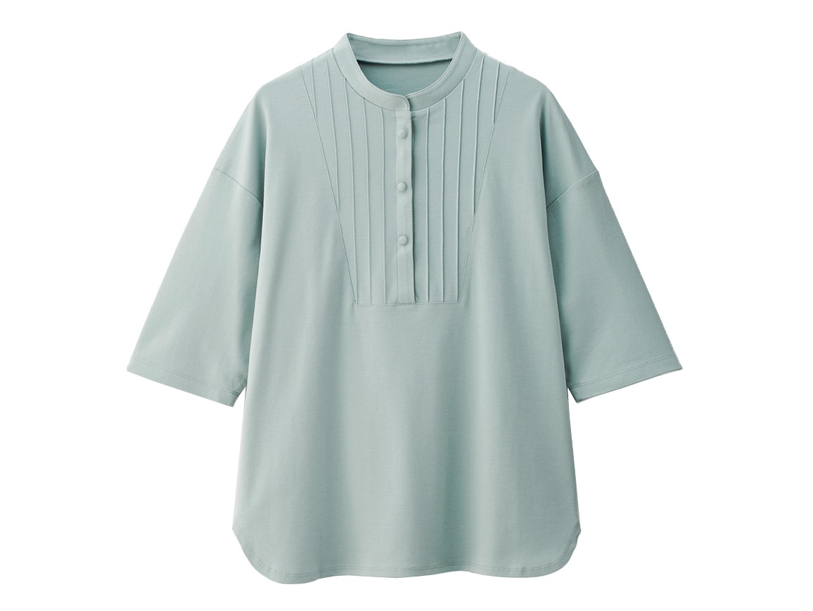 ピンタックバンドカラーシャツ風プルオーバー(六分袖)【広告商品】 ピンタックバンドカラーシャツ風プルオーバー(六分袖)【広告商品】