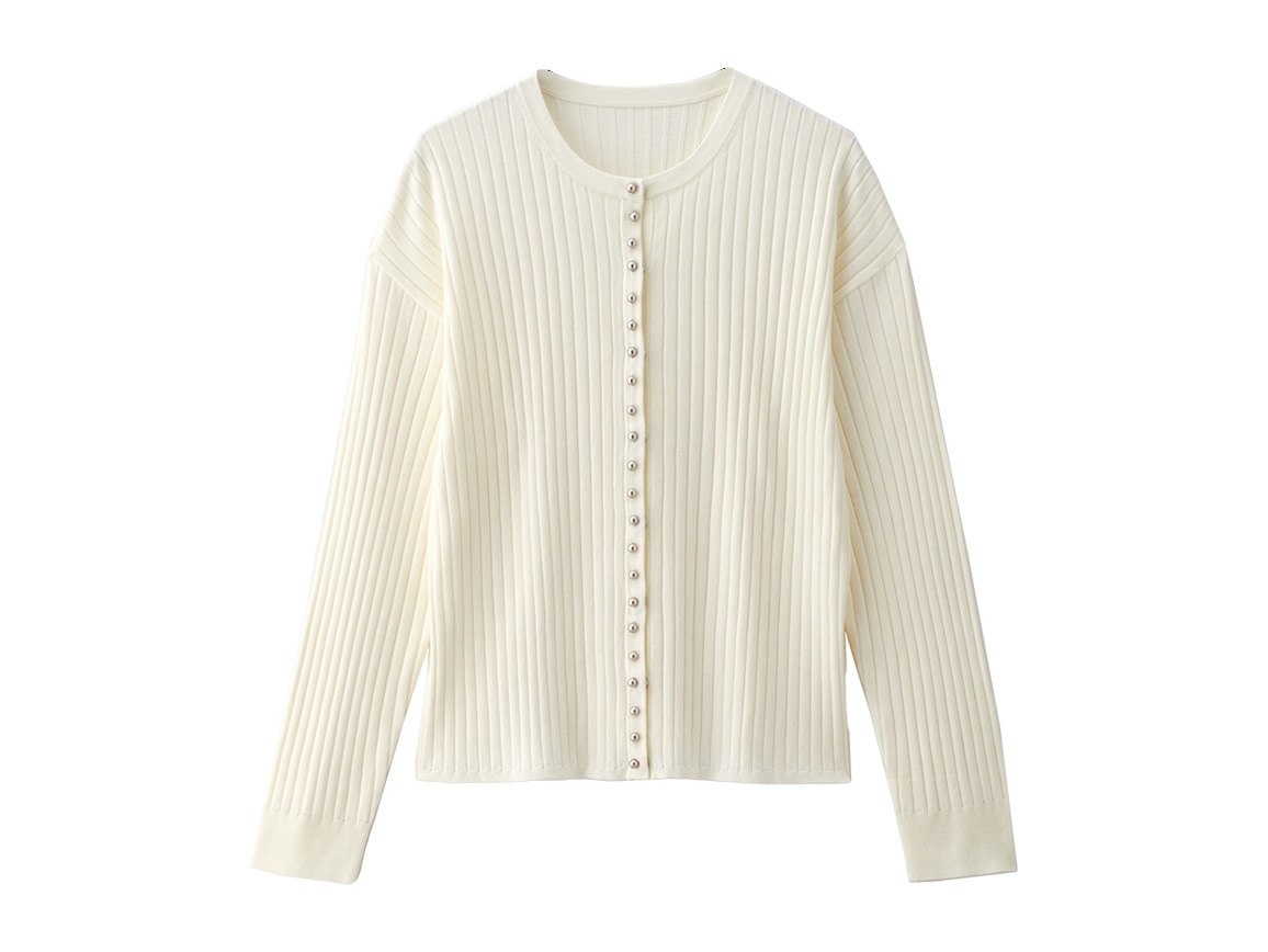 パール調ボタンリブニットカーディガン パール調ボタンリブニットカーディガン