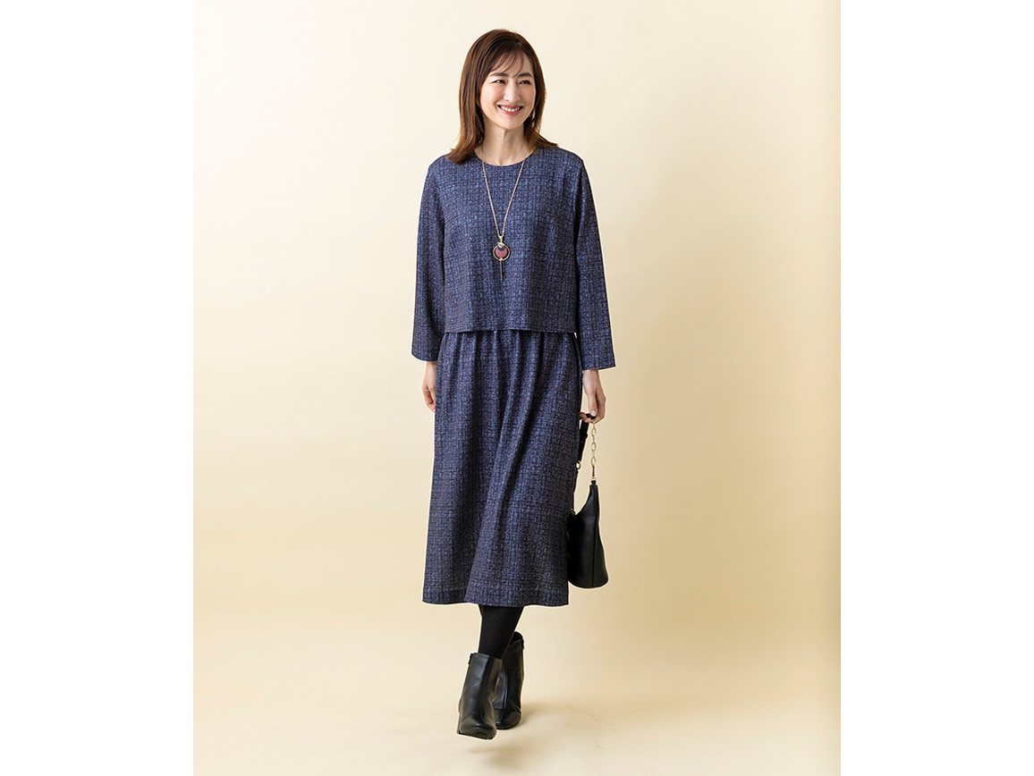 ツイード調ジャージープリントワンピース ツイード調ジャージープリントワンピース