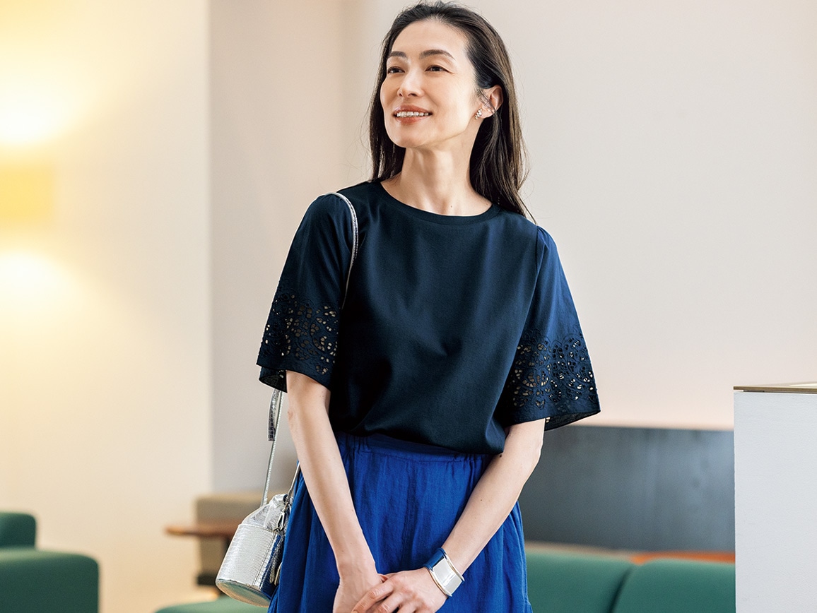 レース刺しゅう袖Tシャツ(五分袖) レース刺しゅう袖Tシャツ(五分袖)