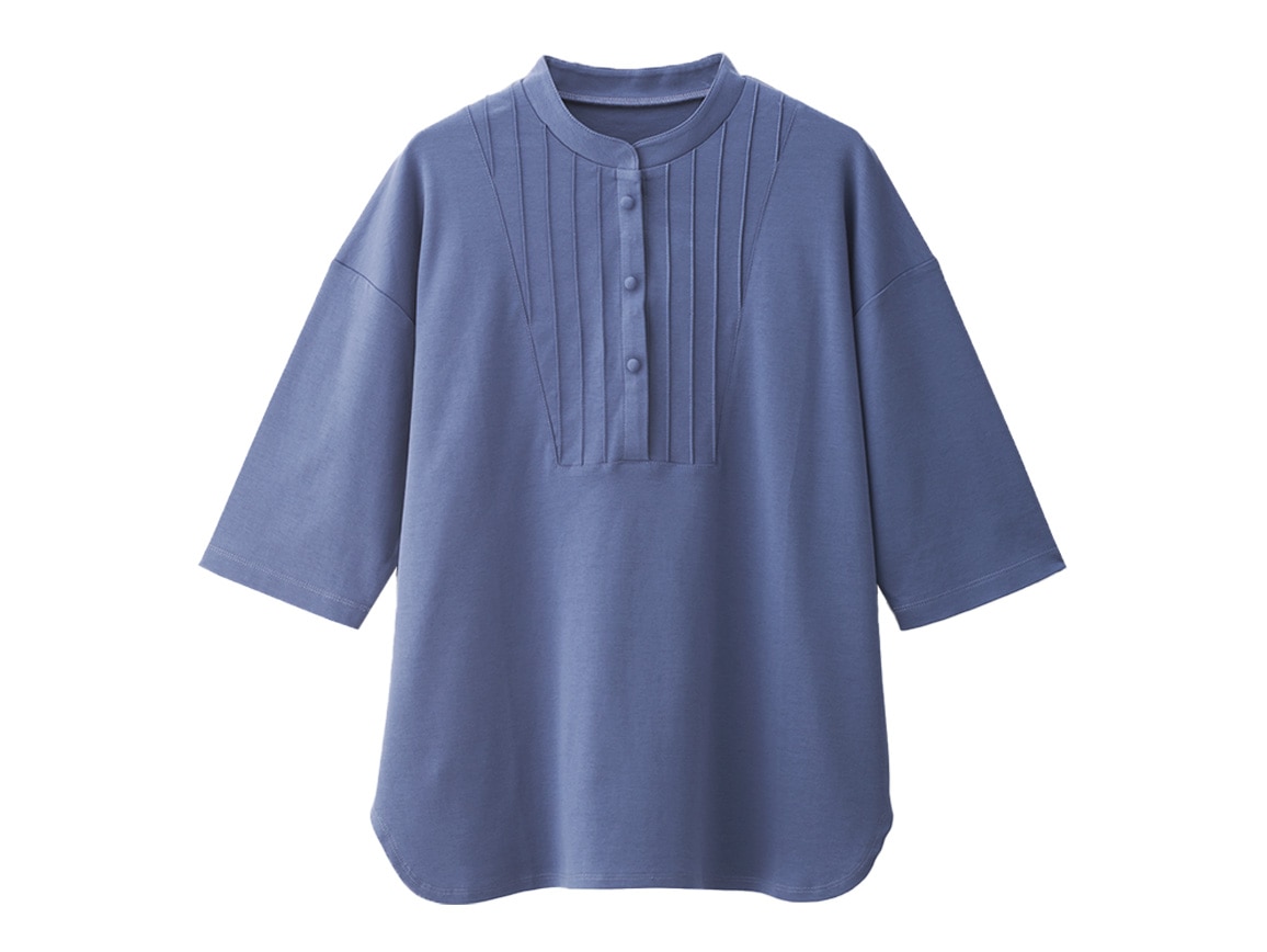 ピンタックバンドカラーシャツ風プルオーバー(六分袖)【広告商品】 ピンタックバンドカラーシャツ風プルオーバー(六分袖)【広告商品】