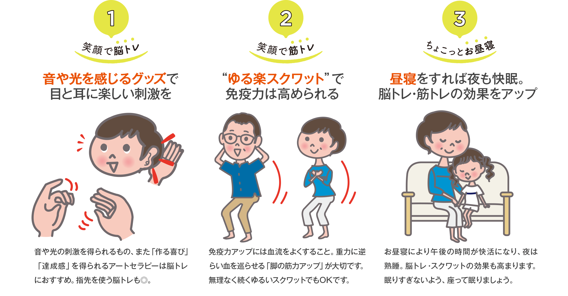 1.笑顔で脳トレ 2.笑顔でスクワット 3.ちょこっとお昼寝