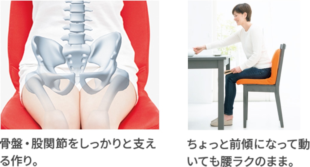 骨盤・股関節をしっかりと支える作り。ちょっと前傾になって動いても腰ラクのまま。