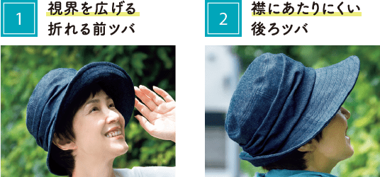 1.司会を広げる折れる前ツバ 2.襟にあたりにくい後ろツバ