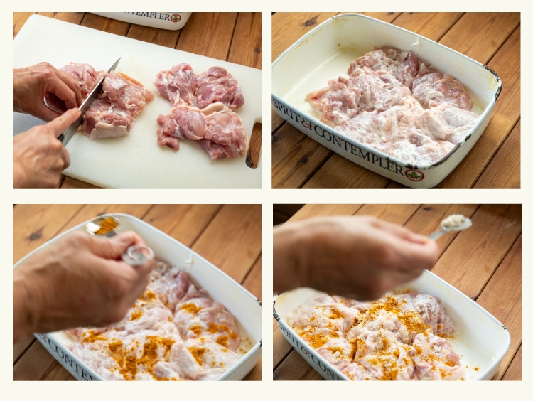 1.鶏モモ肉をひとくち大に切ってヨーグルト、塩、カレー粉を揉みこみ、15分ほどおく。