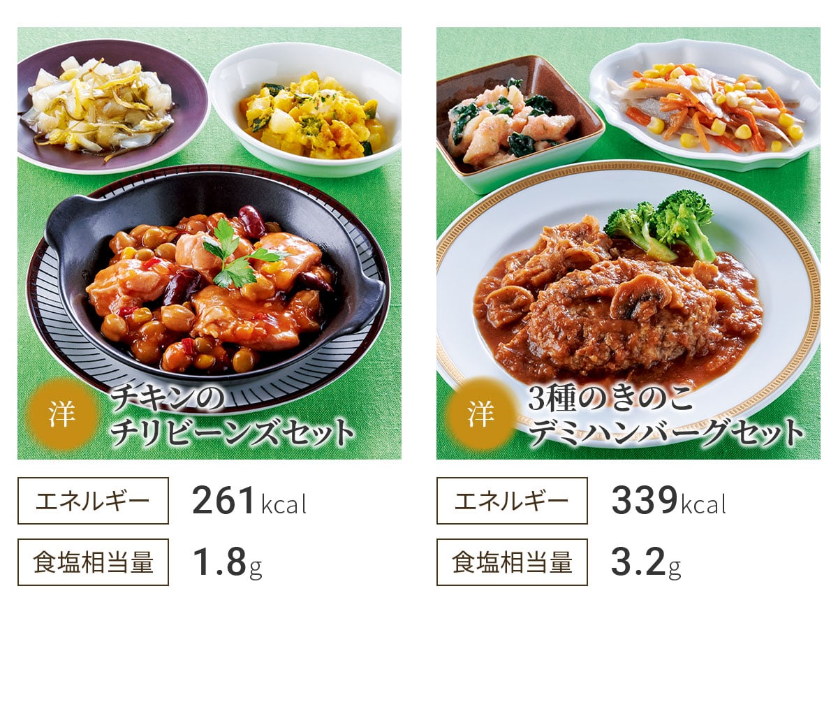 チキンのチリビーンズセット 3種のきのこデミハンバーグセット