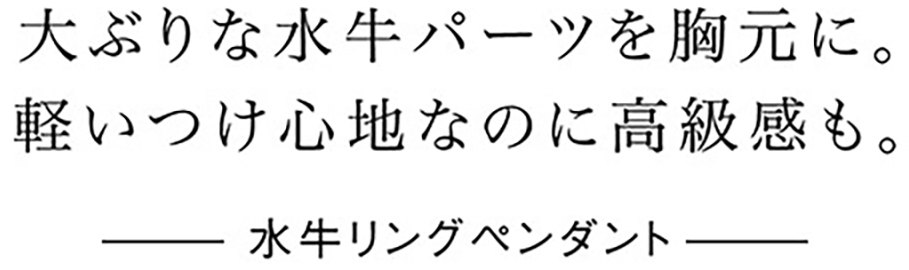 大ぶりな水牛パーツを胸元に。軽いつけ心地なのに高級感も。
