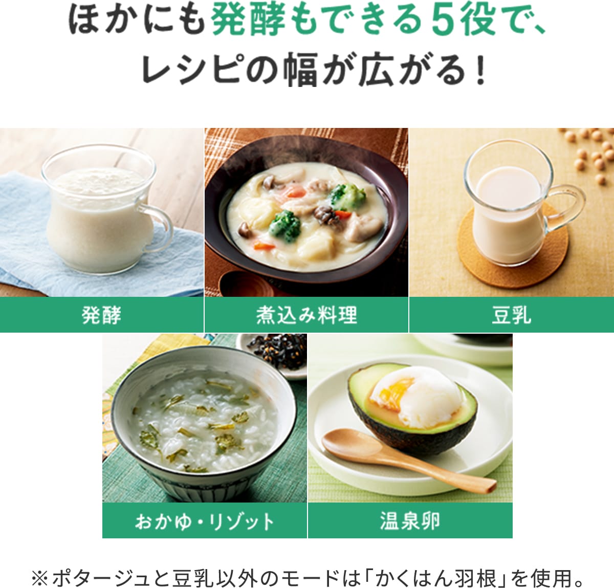 ほかにも発酵もできる5役で、レシピの幅が広がる! 発酵、煮込み料理、豆乳、おかゆ・リゾット、温泉卵 ※ポタージュと豆乳以外のモードは「かくはん羽根」を使用。