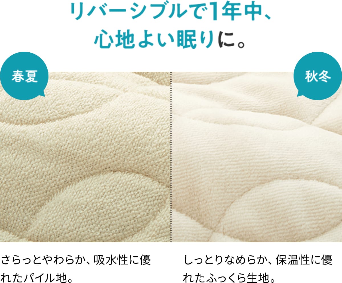 リバーシブルで1年中、心地よい眠りに。 春夏:さらっとやわらか、吸水性に優れたパイル地。 秋冬:しっとりなめらか、保温性に優れたふっくら生地。