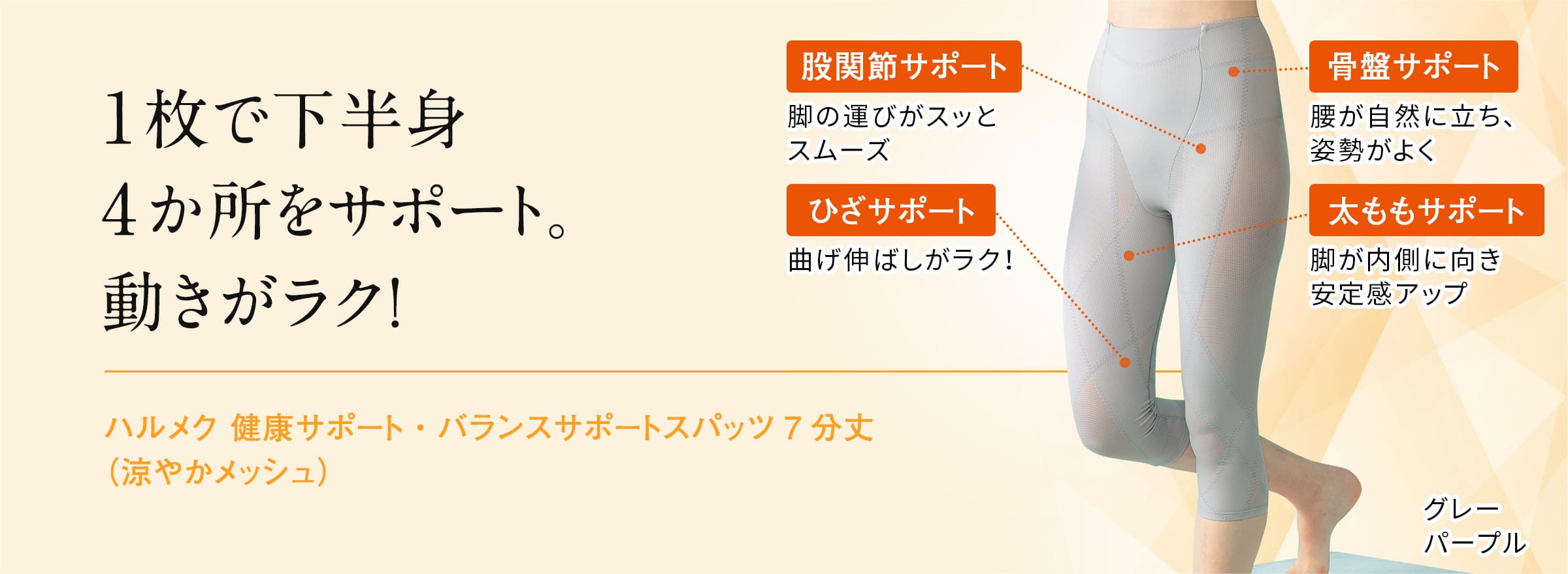 1枚で下半身4か所をサポート。動きがラク!