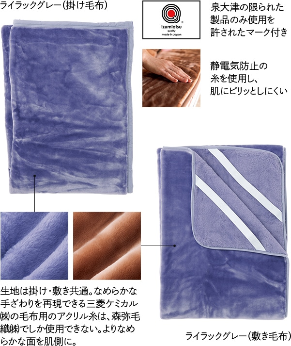 生地は掛け・敷き共通。なめらかな手ざわりを再現できる三菱ケミカル鰍フ毛布用のアクリル糸は、森弥毛織鰍ナしか使用できない。よりなめらかな面を肌側に。