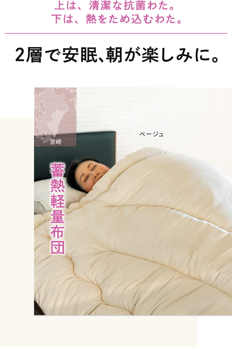 上は、清潔な抗菌わた。 下は、熱をため込むわた。2層で安眠、 朝が楽しみに。