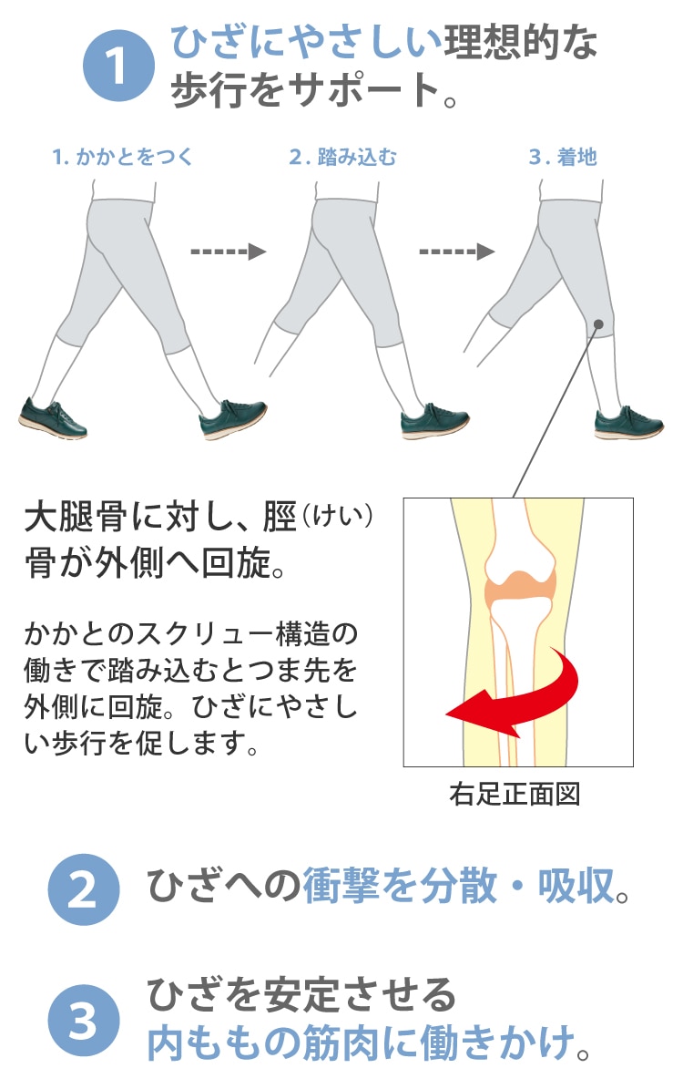 ひざにやさしい理想的な歩行をサポート。