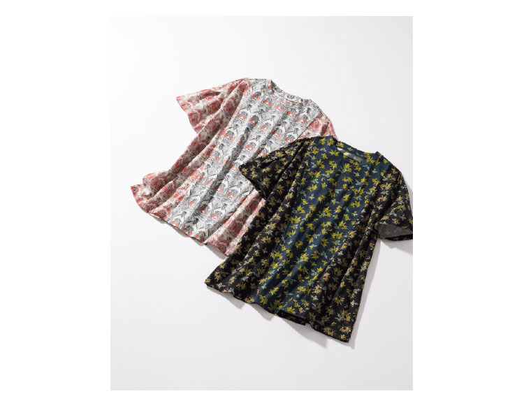 リバティプリントタック袖Tシャツ