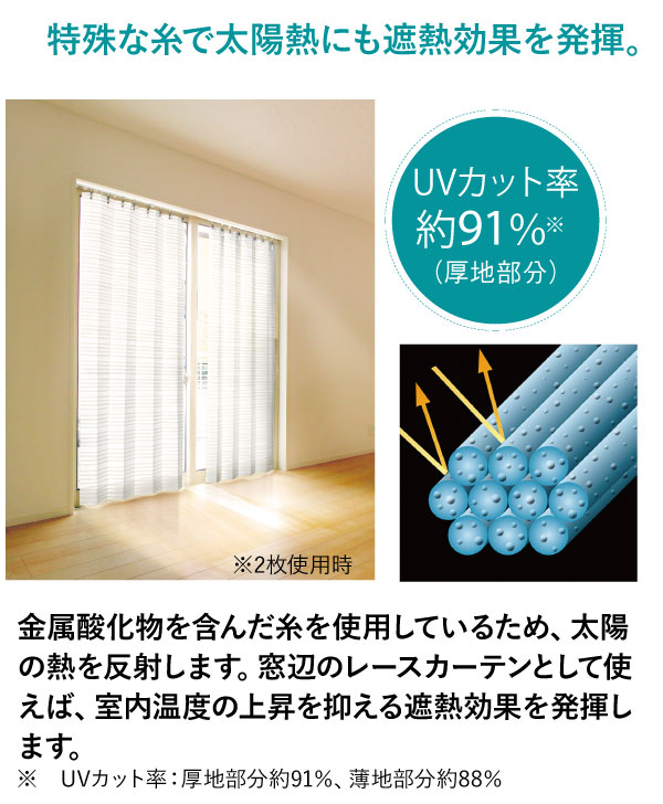 特殊な糸で太陽熱にも遮熱効果を発揮。金属酸化物を含んだ糸を使用しているため、太陽の熱を反射します。窓辺のレースカーテンとして使えば、室内温度の上昇を抑える遮熱効果を発揮します。