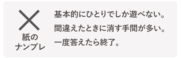 基本的にひとりでしか遊べない。間違えたときに消す手間が多い。一度答えたら終了。