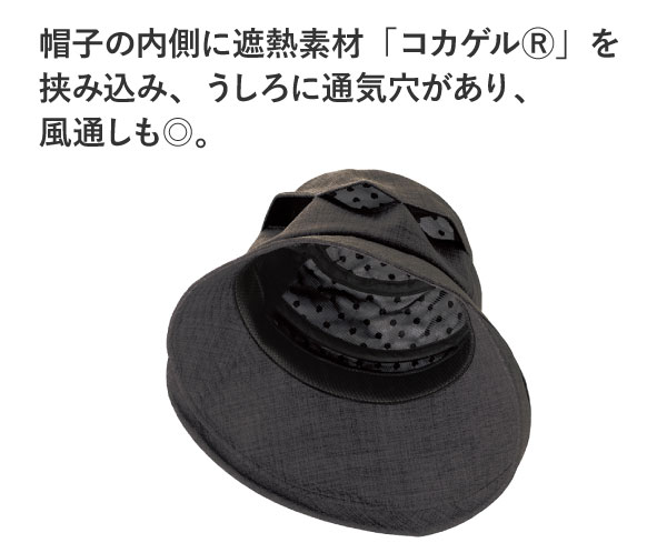 帽子の内側に遮熱素材「コカゲルⓇ」を挟み込み、うしろに通気穴があり、
◎。
