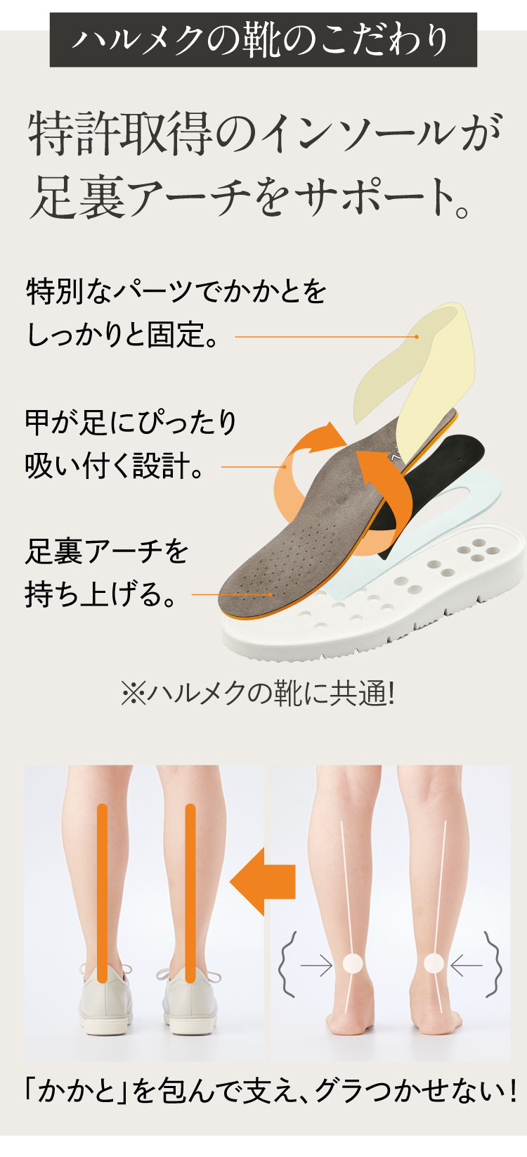 特許取得のインソールが足裏アーチをサポート。