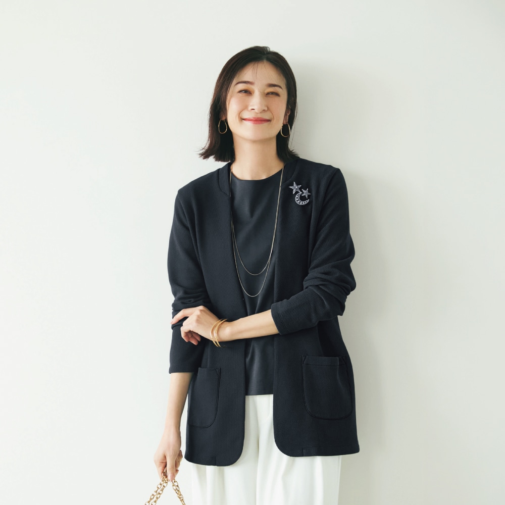 鹿の子編みカーデ×無地インナーアンサンブル